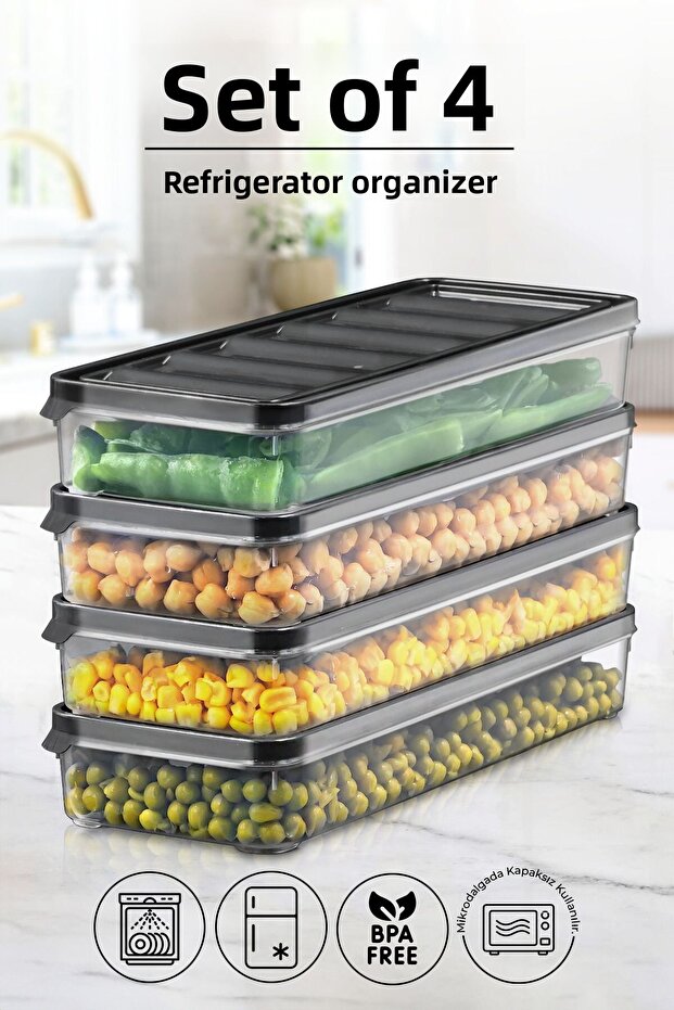 4 Pieces 1000 ml Refrigerator and Microwave Storage Container - Refrigerator Organizer Storage Box