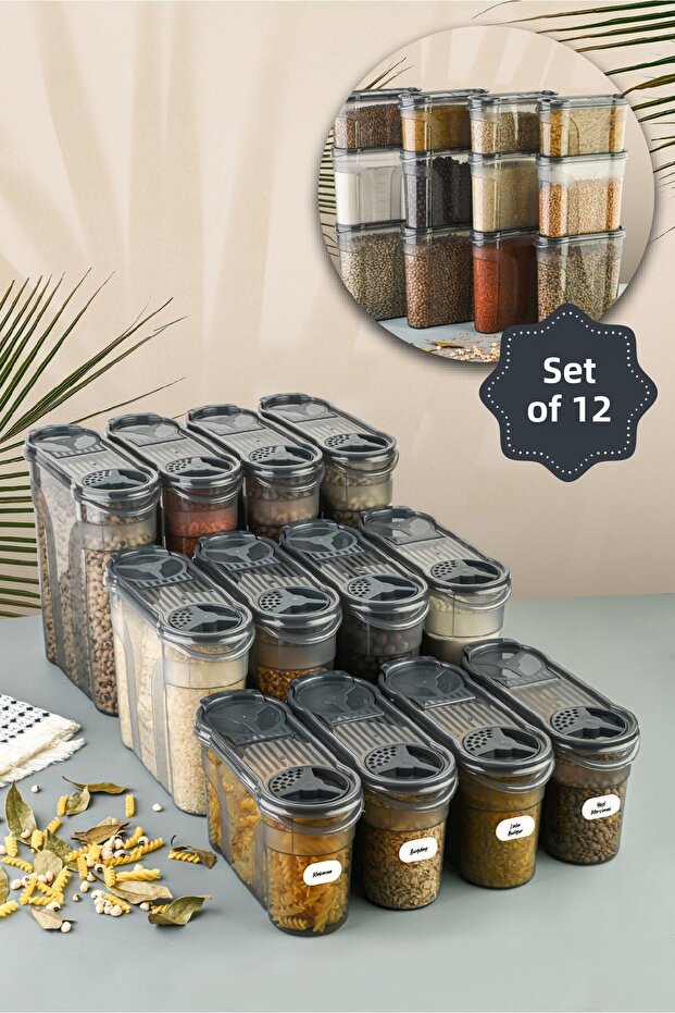 مجموعة مكونة من 12 حاوية طعام مع ملصقات 4x (2900 مل، 2150 مل، 1400 مل) أنثراسايت