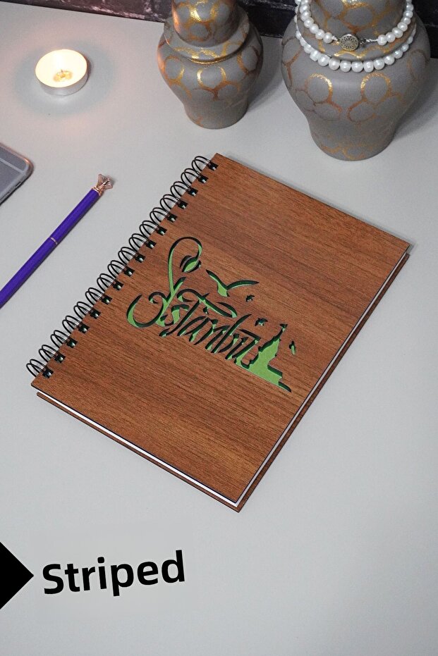 Istanbul Written Wooden Cover Notebook - Lined Notebook - Agenda - School Notebook (A5 - 120 Pages)