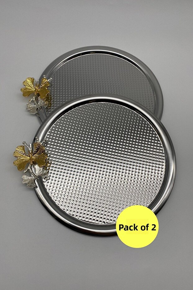 2-Piece Butterfly Round Silver Tea and Coffee Presentation Tray, Decorative Serving Tray 22cm for One Person