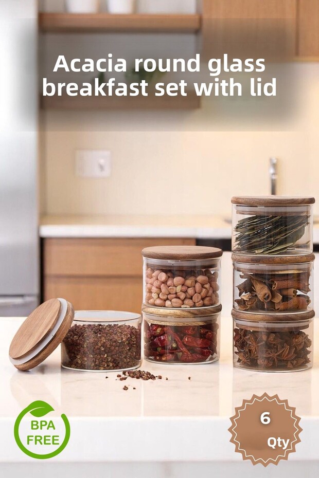 6-Piece Acacia Lid Glass 300 ml Breakfast Set