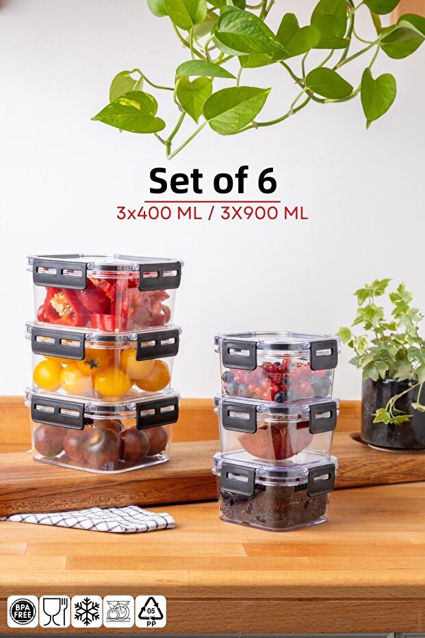 Set of 6 Square Clear Storage Container with Lock Lid for 400-900ML - 1