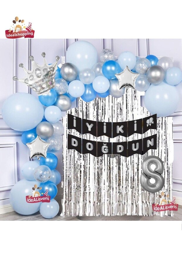 Silver Blue Concept Starry King Crowned 8 Years Old Balloon Chain Birthday Set Happy Birthday