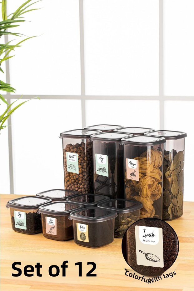 12-Piece Peggy Square Food Storage Container with Colored Labels 6x (0.55 Liters, 1.75 Liters) Anthracite
