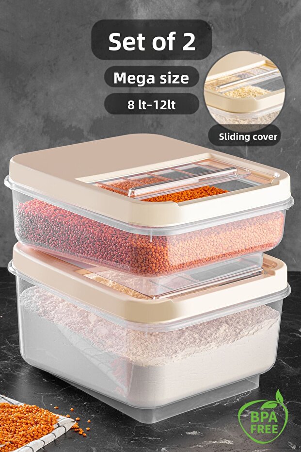Set of 2 - Pulses Storage Container with Sliding Lid 8 Lt - 12 Lt Kitchen Organizer Box Flour Container Cream