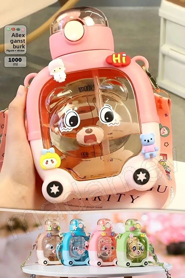 1000 ml Smile Teddy Bear Water Bottle with Straw, Children's Water Bottle, School Water Bottle with Strap, Pink Water Bottle with Sticker Gift