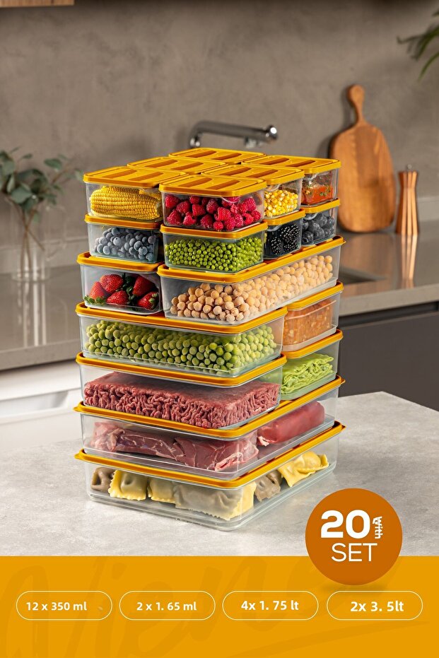 مجموعة من 20 حاوية لتنظيم وتخزين الثلاجة باللون البرتقالي 12x(350ML) 4x(1,75LT) 2x(1,65LT) 2x(3,5LT)
