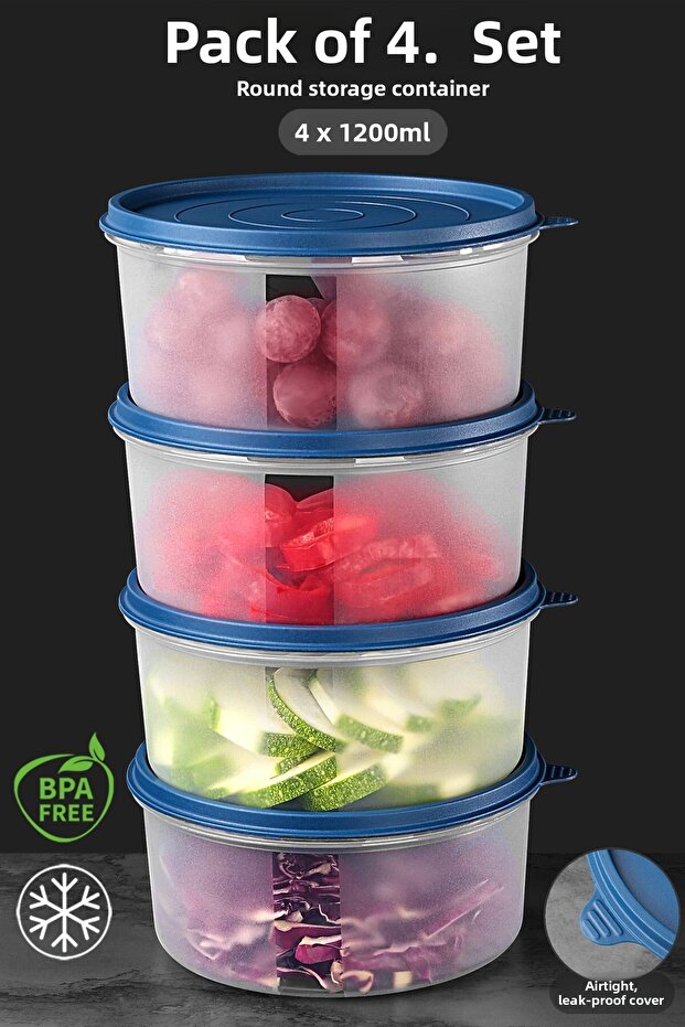 Set of 4 Round Food Storage Containers - Organizer Organizer Food Container 4X1200Ml Navy Blue