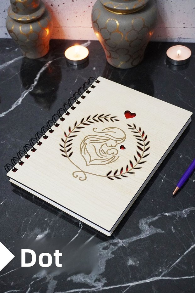 Mother Baby Themed Wooden Cover Notebook - Dotted Notebook - Agenda - (A5 - 120 Pages)