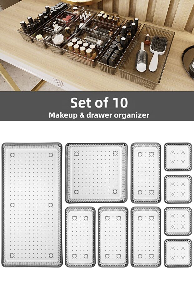 10-Piece Drawer Organizer - Cosmetic Jewelry Makeup Organizer - Anthracite