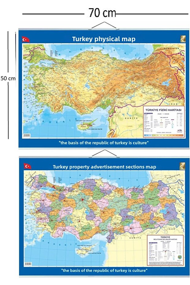 Map of Turkey 70X50 cm Rope Hanging Double Sided Political and Physical School-Office Map