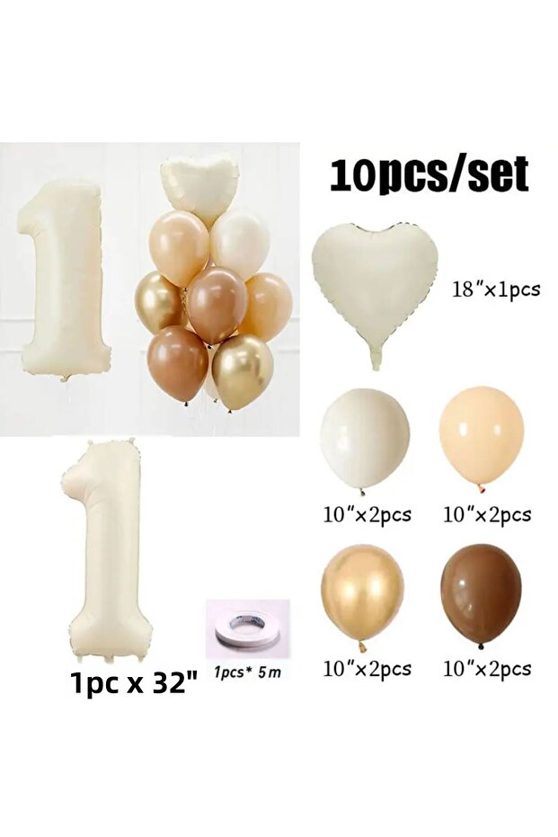 Sea Sand Number 1pc Heart 8pcs Latex Coffee Tones Balloon Set