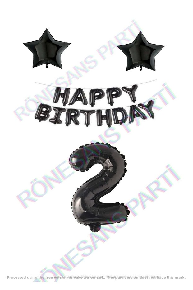 Rönesans Happy Birthday Black Color Foil Balloon Star Foil and Number Set Age 2