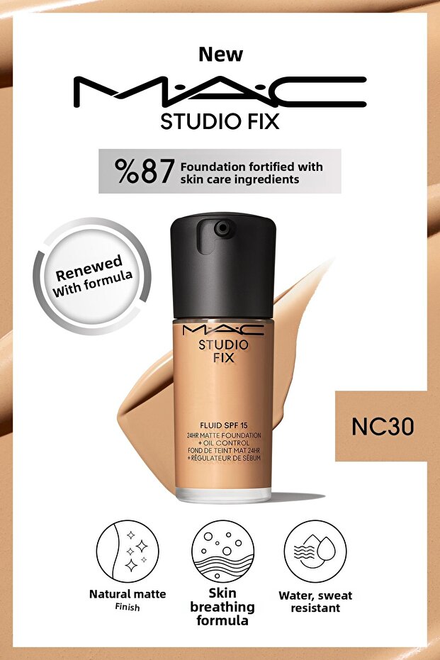 Matte Foundation Lasting up to 24 Hours - Studio Fix Fluid Spf15 - Color: Nc30 - 30ml