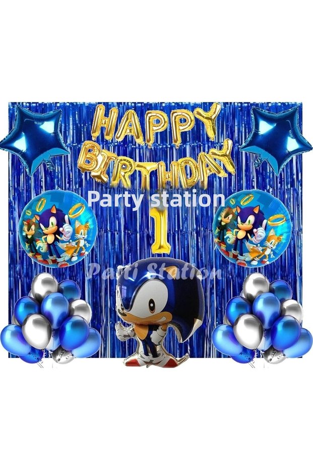 Dark Blue Fox Sonic Boom Concept 1 Year Old Balloon Set Sonic Theme Birthday Background Decoration Balloon Set