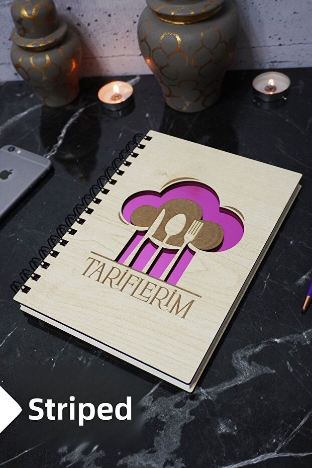 Kitchen Themed Wooden Cover Notebook - Lined Recipe Book - Agenda - School Notebook (A5 - 120 Pages)