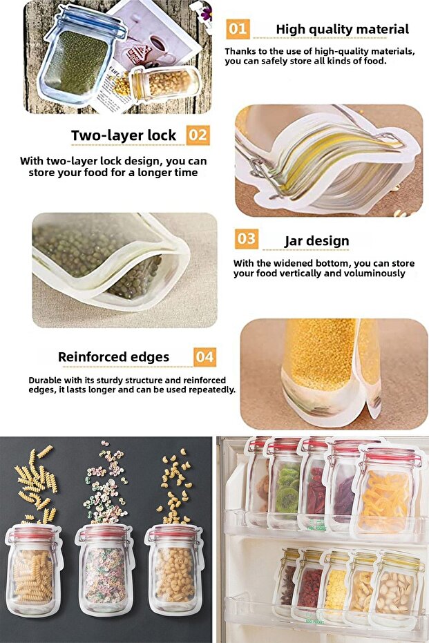Jar Look Storage Bag Sets Refrigerator Storage Container with Lockable Snap Fasteners - 4