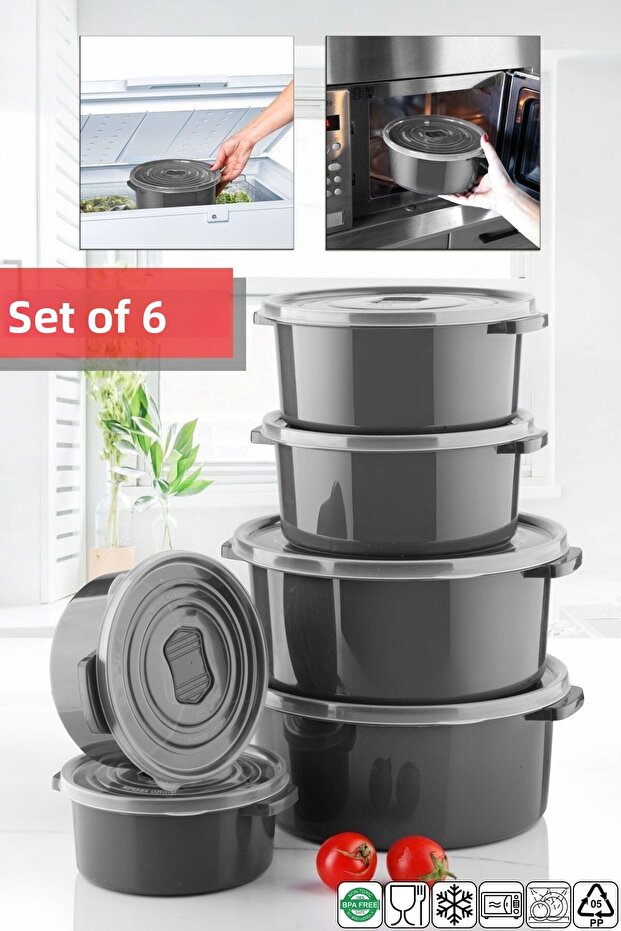 Set of 6 Anthracite Round Storage Containers for Microwave and Freezer - 1