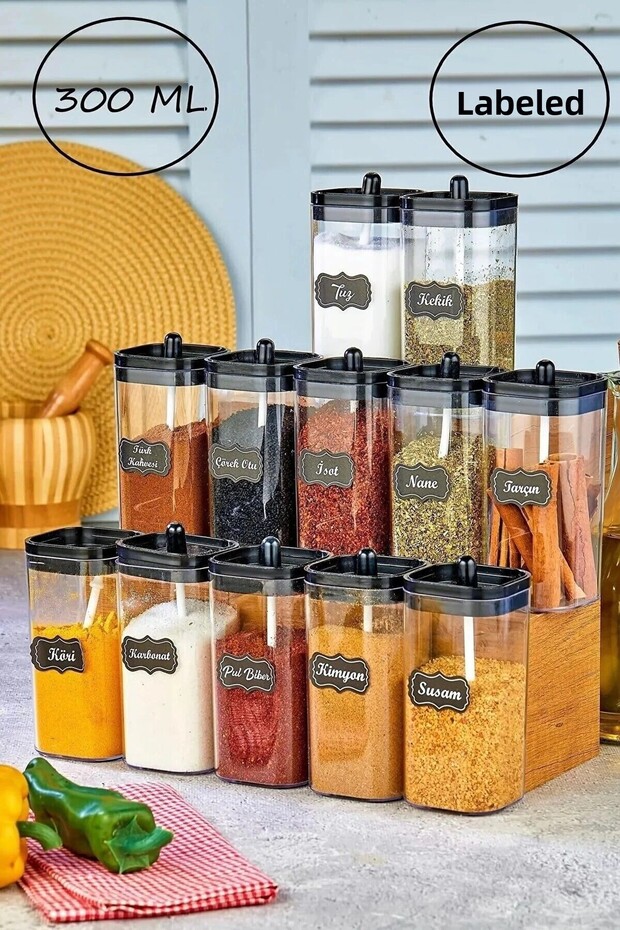 12-Piece Mica Spice Bowl Set with Lid, Spoon and Label 300 ml Acrylic Spice Set