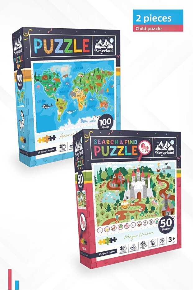 2-Piece Children's Puzzle - 100 Pieces Animal World Map and 50 Pieces Magic Unicorn