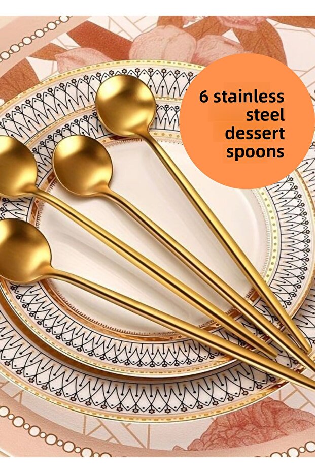 6 Pieces Gold Stainless Round Form Dessert Spoon, 1St Quality 3 mm 16 cm