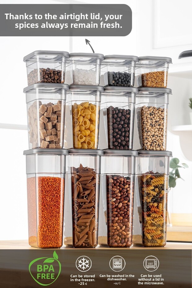 12-Piece Spice Jar Storage Container Set with Label - Leak-Proof Lid, with Spoon - 4x(580 ml, 1100 ml, 1580 ml) - 2