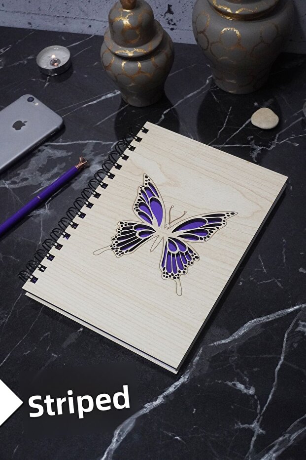 Butterfly Themed Wooden Cover Notebook - Lined Notebook - Agenda - School Notebook (A5 - 120 Pages)