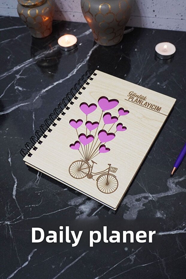 Bicycle Heart Balloon Wooden Schedule Notebook - Infinite Agenda - Daily Planner (PLANING NOTEBOOK) A5