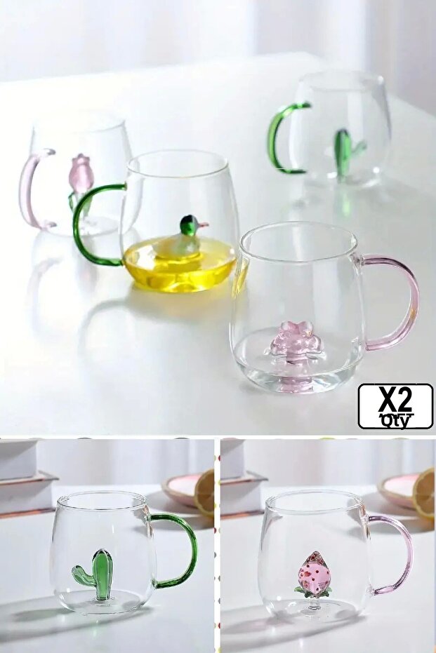 2-Piece Cute Cartoon Glass Cup with Figure, 3D Kawaii Colorful Presentation Cup with Handle, 350 Ml.