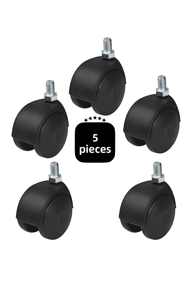Black 50' Plastic Furniture Caster with Swivel Screw, 5 Pieces