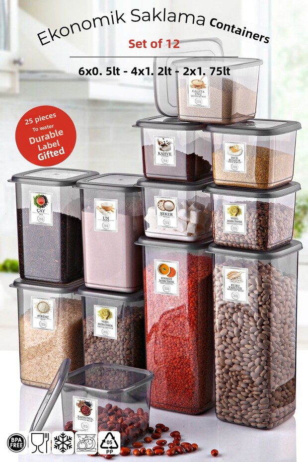 Set of 12 Anthracite Economical Unbreakable Storage Containers with Labels 6X0.5/4X1.2/2X1.75 Lt.