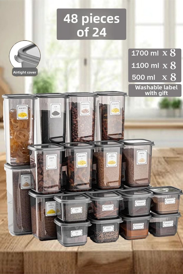 24-Piece 48-Piece Set of Large Mega Square Food and Pulses Storage Containers 8X(0.50 Lt-1.10 Lt-1.70 Lt) with Tags