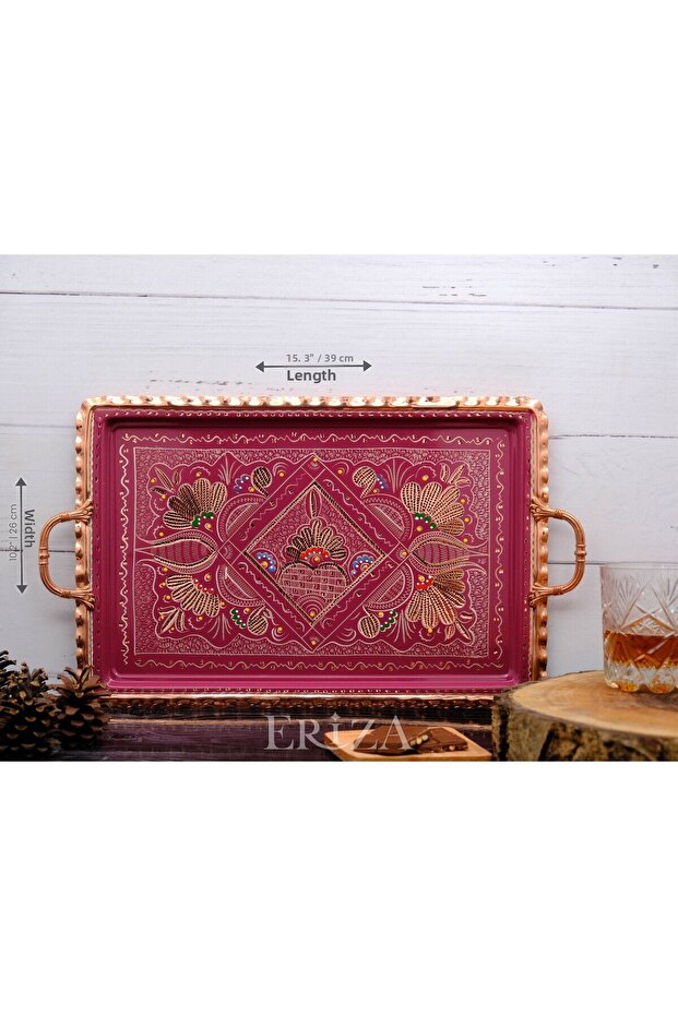 صينية تقديم نحاسية بمقبض مستطيل 39 سم - 4