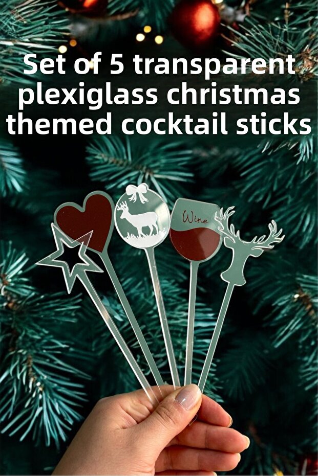 Set of 5 Clear Plexiglass Christmas Themed Cocktail Sticks
