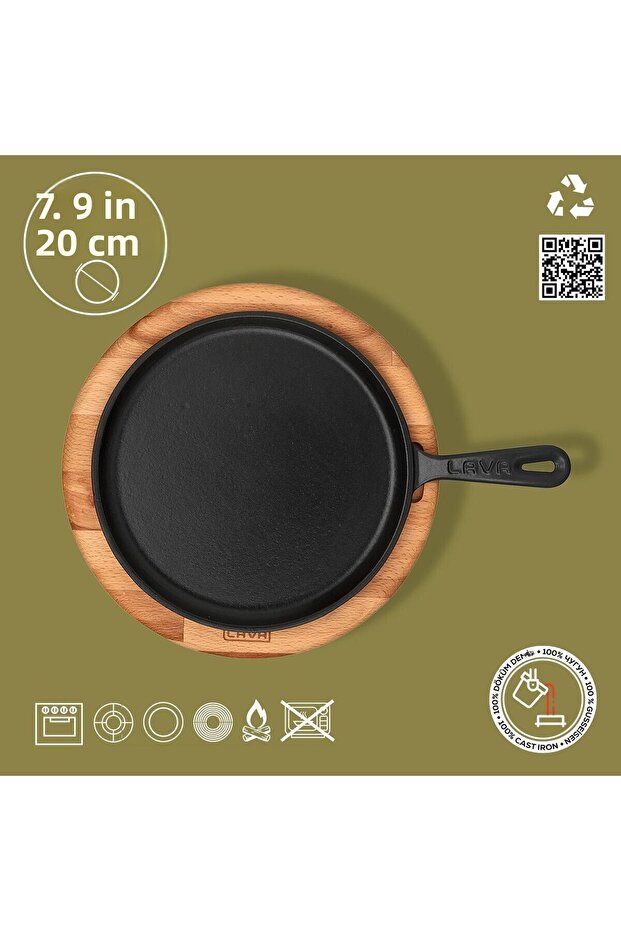 صب جولة البيتزا كريب البانكيك عموم الحديد الزهر مقبض صلب خشب الزان تخدم القطر (Ø)20c - 4