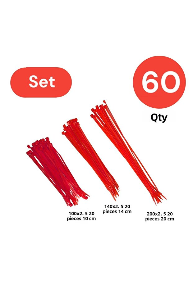 طقم مشبك ربطة كابل بلاستيك 100-150-200 × 2.5 مم أحمر (20 × 3) 60 قطعة