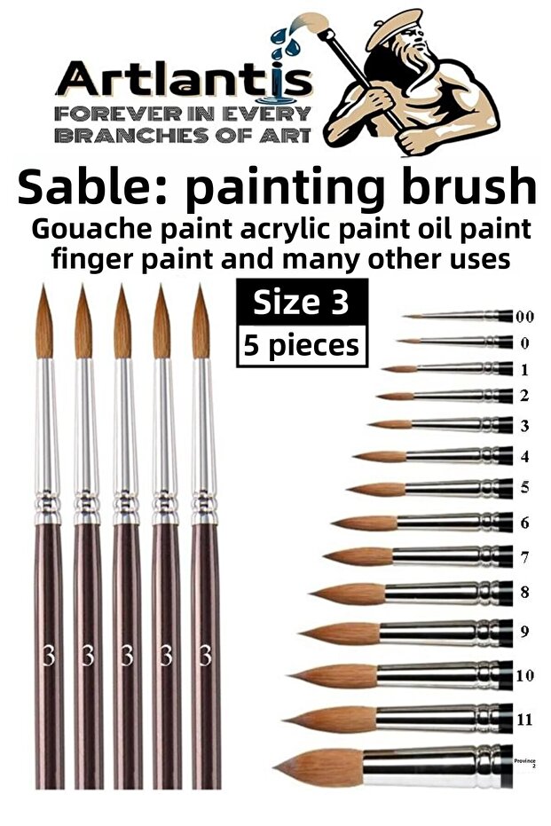Art Brush 3 Number 5 1 Pack Sable Round Tip Brush Set Gouache Water Acrylic Oil Paint Brush