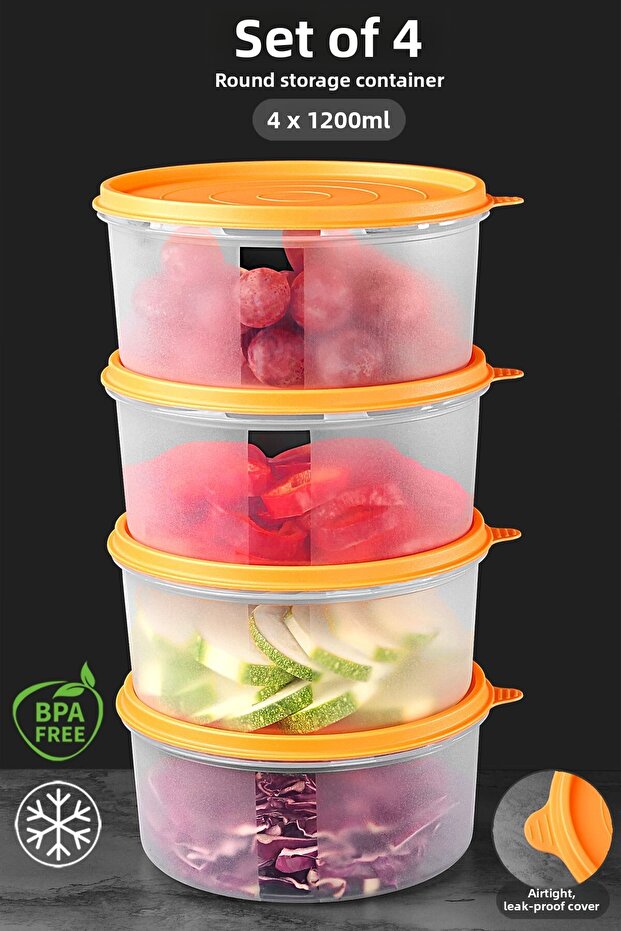 Set of 4 Round Food Storage Containers - Organizer Organizer Food Container 4X1200Ml Orange