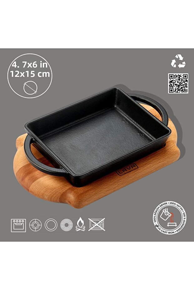 صب مستطيل من الحديد المصبوب بمقبض مزدوج من خشب الزان مقاس 12 × 15 سم - 4