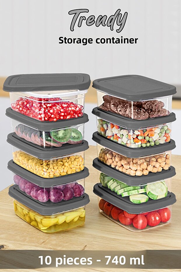 10 Pieces Gray Rectangular Food Storage Container - Microwavable Organizer 740ml