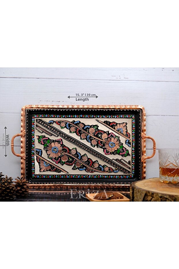 صينية تقديم نحاسية بمقبض مستطيل 39 سم - 2