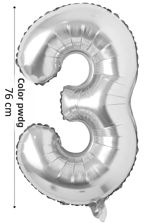 Foil Balloon 3 Number Helium Balloon 76 cm Silver Color - 3 Years Old Balloon - 3 Number Balloon - 34 Inch