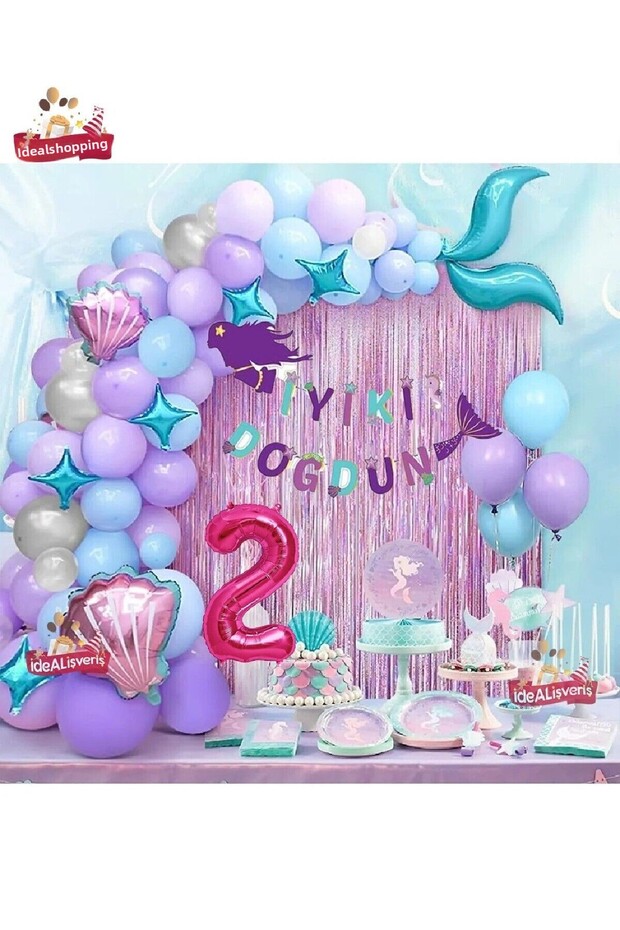 2 Year Old Mermaid Banner Balloon Blue Purple Balloons Foil Fringe Curtain Set Birthday Party Ornament