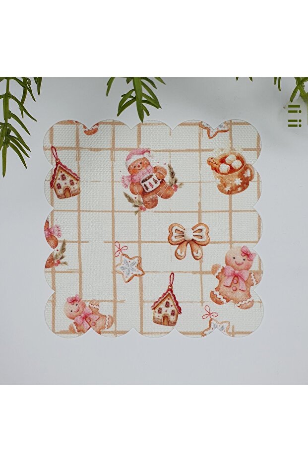 Coffee Plaid Cocktail Napkin with 1 Gingerman Pattern Washable Fabric - 1
