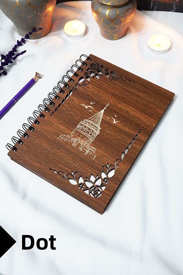 Galata Tower Wooden Cover Notebook - Dotted Notebook - 60 Sheets (120 Pages) - A5 15X21 cm