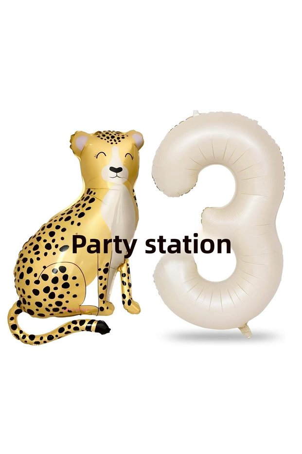 Safari Cheetah Balloon 3 Year Old Balloon Set Safari Concept Cheetah Balloon and Cream Color Number Balloon