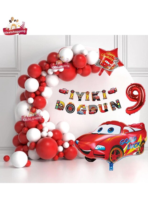 White Red Concept Birthday Party Set with Banner 9 Years 36 cm Red Car Star Foil Balloons