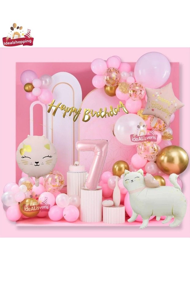 7 Years Old Pink Star and Cat Foil - Gold Birthday Party Set with Balloon Writing Happy Birthday