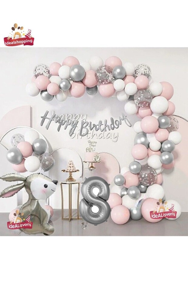 SILVER PINK LUXURY 8 YEARS OLD RABBIT FOIL BIRTHDAY DECORATION BIRTHDAY PARTY BALLON CHAIN SET