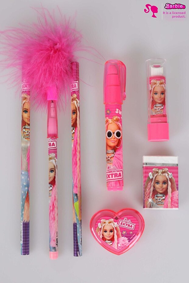 Dekomus with Licensed Barbie 7-Piece Stationery Set 2 Pieces of Pencils, Feather Pencil, Rocket Eraser,
